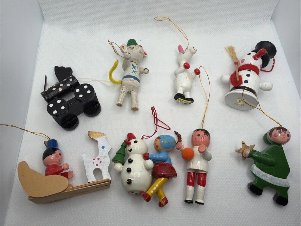 Vintage Miniature Wooden Christmas Ornaments Hand Painted 8 pieces